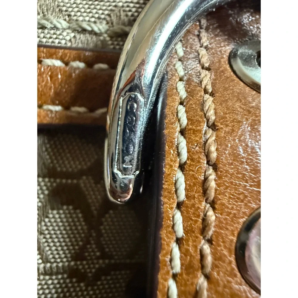 Coach Signature Jacquard Leather Buckle Wristlet Pouch Khaki Tan Silver Hardware